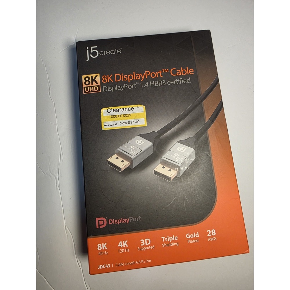 j5create 8K DisplayPort™ 6.6ft Cable New Factory‎ Sealed